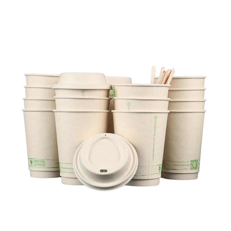 LB LIVING BALANCE Living Balance Certified Compostable Coffee Cups with Bagasse Lids 12 oz â€“ 75 Pack Cups with Stirrers & Integrated Sleeves | Leak Proof, BPA-Free & CPLA Certified Plant-based | To-Go cup for Drinks - Image 1
